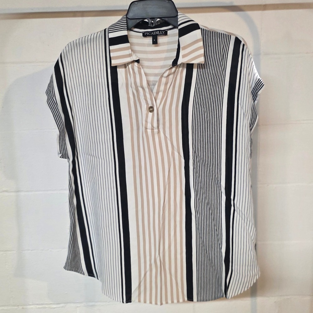 Picadilly Canada Womens Striped Short Sleeve Blouse Black Tan White Size 4
